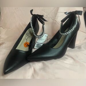 Sugar Women's High Heel Pointed Toe Block Pearl Bead Strap Bow On Back Sz11 NWT